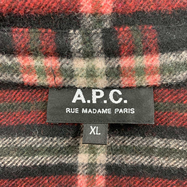 A.P.C. Size XL Black Red White Plaid Wool Nylon Button Up Long Sleeve Shirt