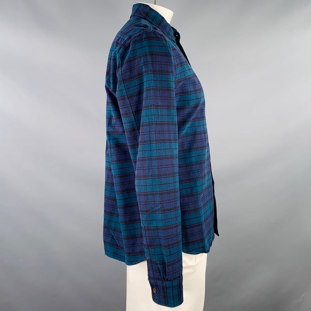 TODD SNYDER Size L Navy Teal Plaid Cotton One Pocket Long Sleeve Shirt
