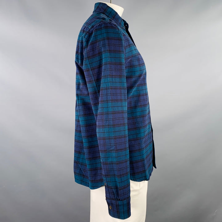 TODD SNYDER Size L Navy Teal Plaid Cotton One Pocket Long Sleeve Shirt