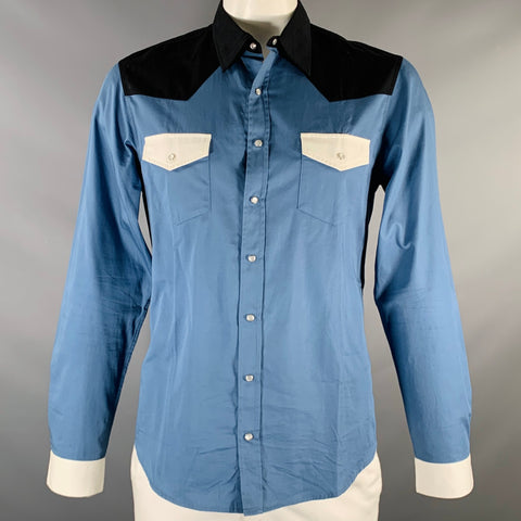 SANDRO Size XL Blue Black White Color Block Cotton Western Long Sleeve Shirt