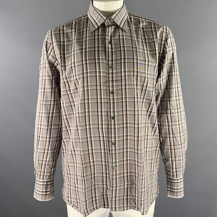 TOM FORD Size XL Brown Plaid Cotton Long Sleeve Shirt
