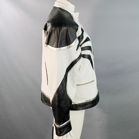 RETROFETE Size L Black White Silver Leather Padded Shoulders Zip Up Jacket