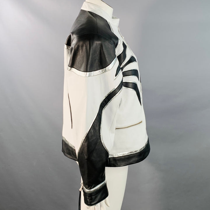 RETROFETE Size L Black White Silver Leather Padded Shoulders Zip Up Jacket