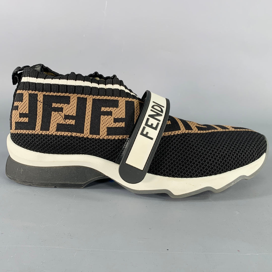 FENDI Size 8 Rockoko Black Brown Jacquard Monogram Slip On Sneakers