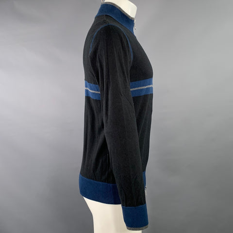 BARNEY'S CO-OP Size M Black Blue Grey Stripe Cotton Cashmere Zip Up Sweater