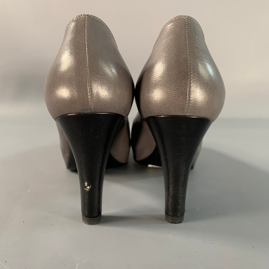 CHANEL Size 6 Grey Black Leather Cap Toe Pumps