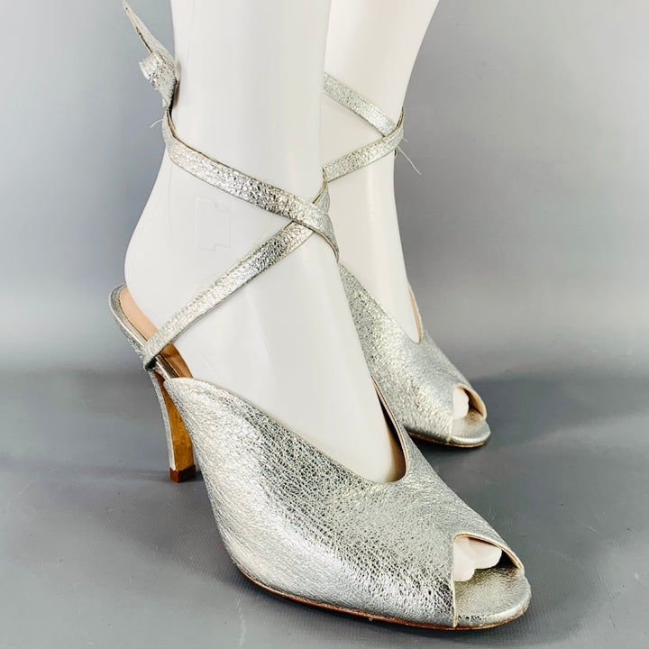 LOEFFLER RANDALL Size 8 Metallic Silver Crinkled Leather Ankle Strap Pumps