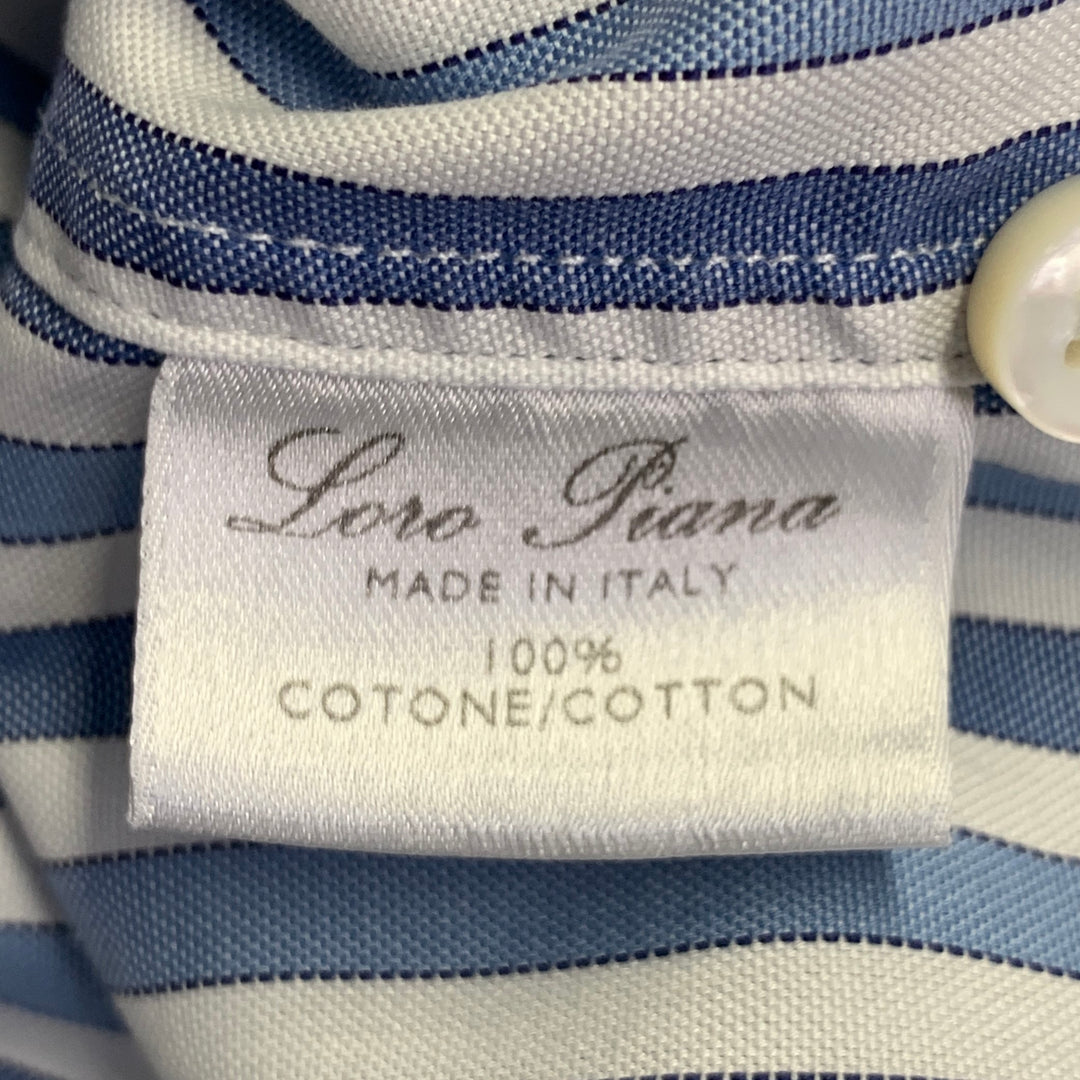 LORO PIANA Size XL Blue White Stripe Cotton One Pocket Long Sleeve Shirt