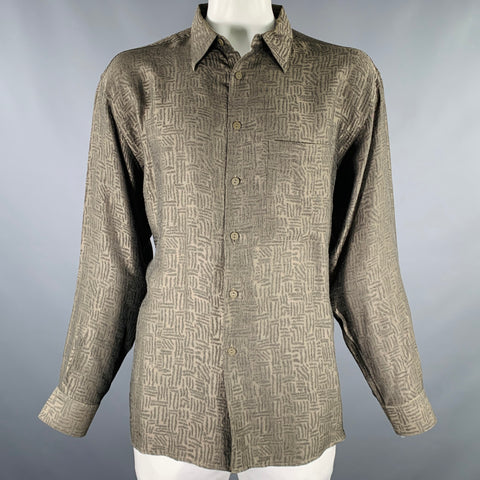 Chemise à manches longues Jhane Barnes en cupro vert olive marbré, taille XL, une poche