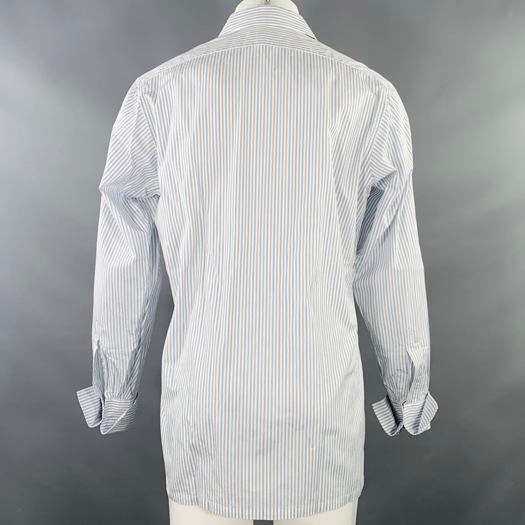 CHARVET Size M White Blue Grey Stripe Cotton Curved Cutaway Long Sleeve Shirt