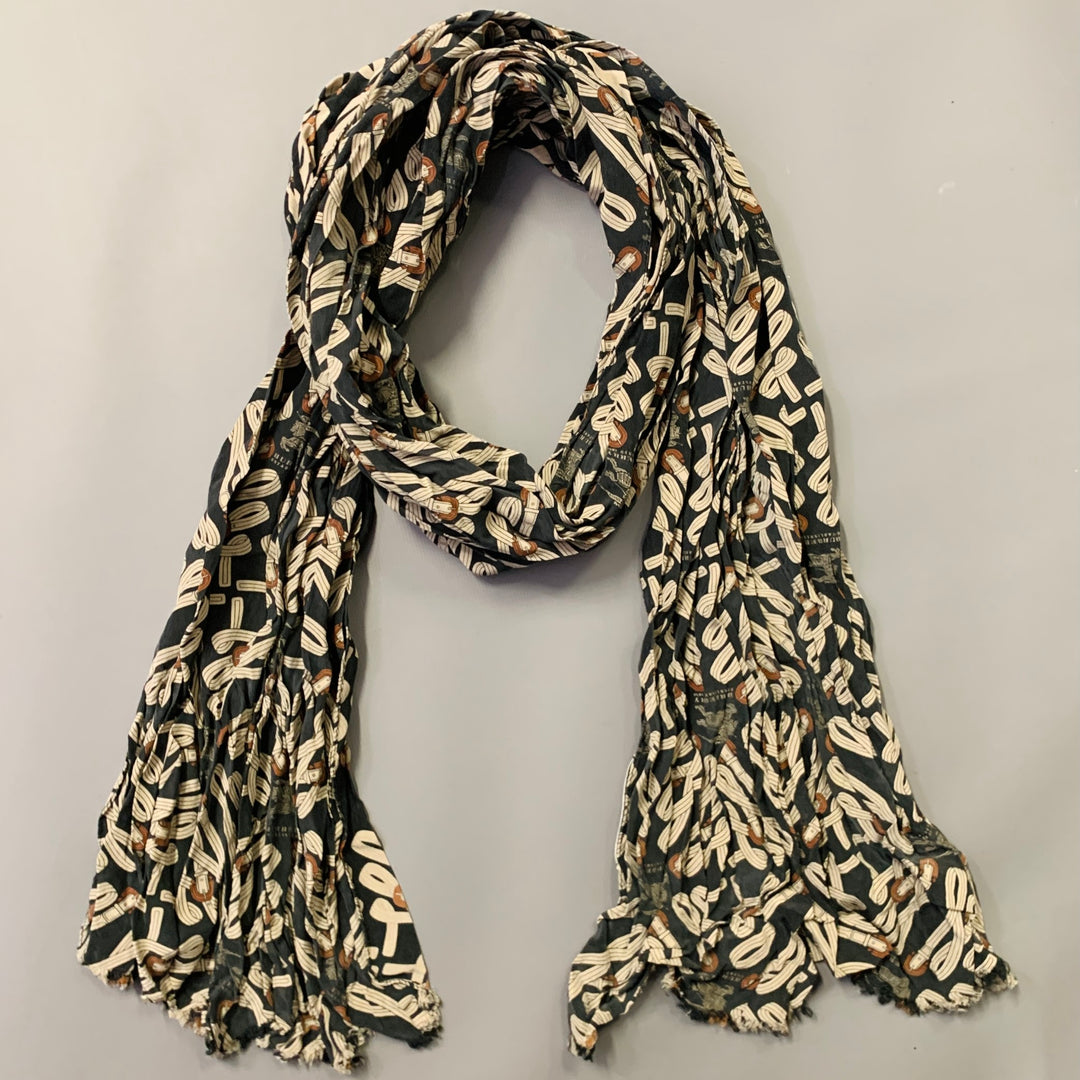 BURBERRY LONDON Navy Grey Knots Silk Raw Edge Fringe Scarf