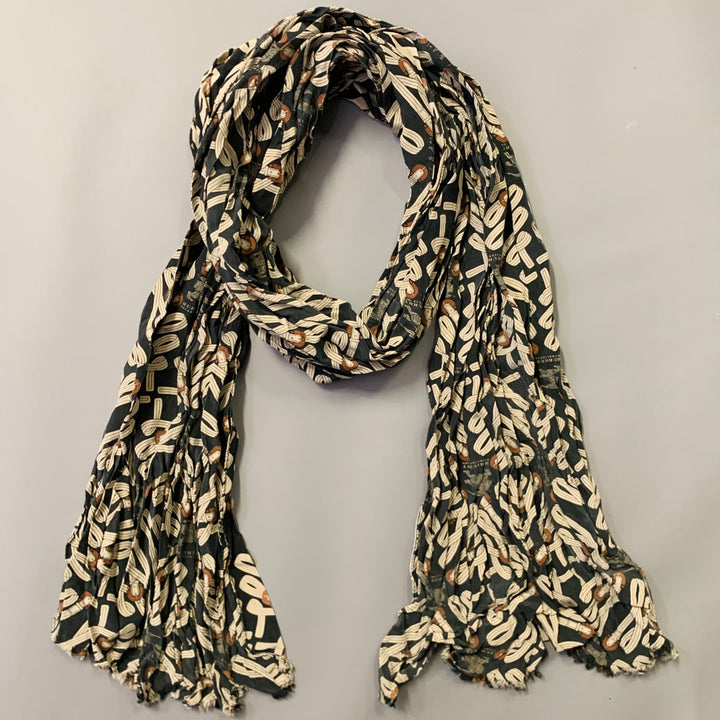 BURBERRY LONDON Navy Grey Knots Silk Raw Edge Fringe Scarf
