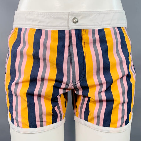 MR TURK Size 30 Multi Color Stripe Polyester Contrast Trim Mesh Swim Trunks