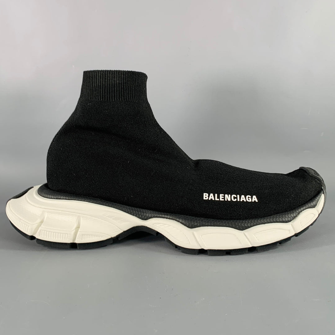 BALENCIAGA Size 8 Speed Stretch Knit Black White Logo Nylon Sock Sneakers