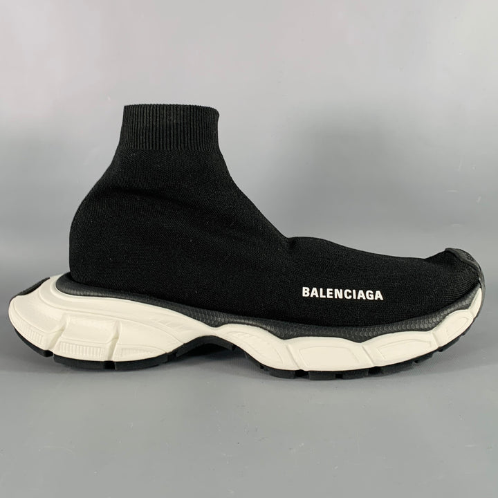 BALENCIAGA Size 8 Speed Stretch Knit Black White Logo Nylon Sock Sneakers
