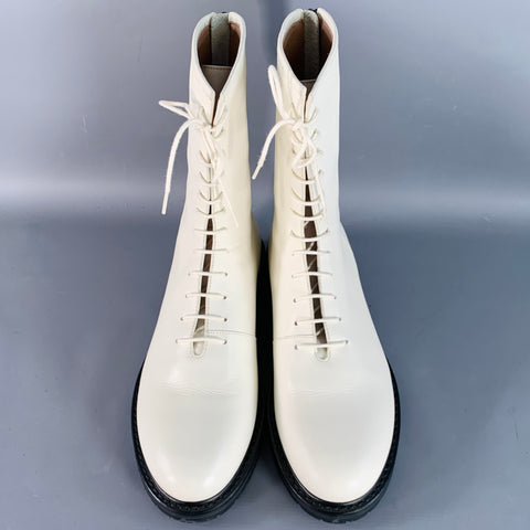 LEGRES Size 11 White Leathre Lace-Up Zipper Ankle Boots