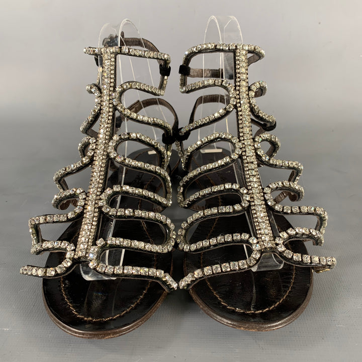 ROBERTO CAVALLI Size 7 Black Rhinestone Leather Gladiator Sandals