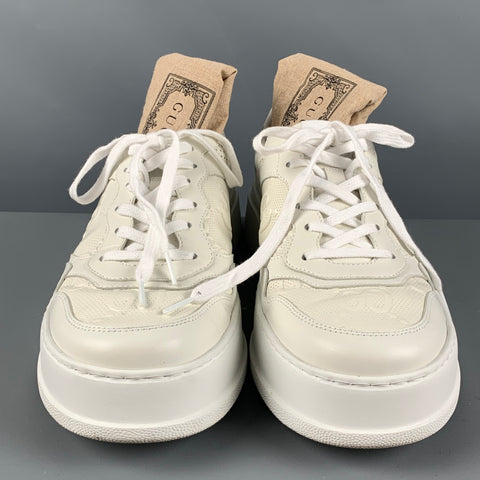 GUCCI Size 11.5 White Monogram Leather Lace Up Sneakers