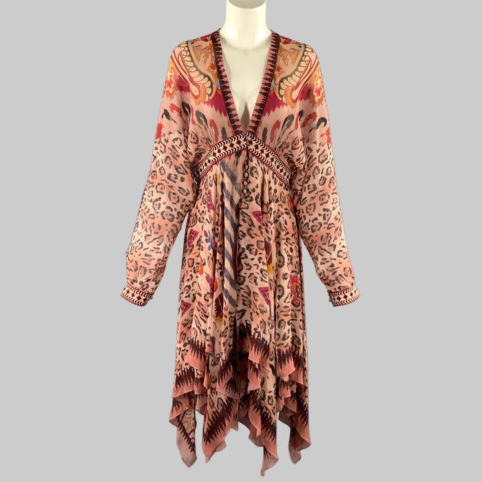 ETRO Size 12 Pink Silk Paisley Ruffle Dress