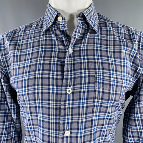 ERMENEGILDO ZEGNA Size M Grey Blue Plaid One Pocket Long Sleeve Shirt