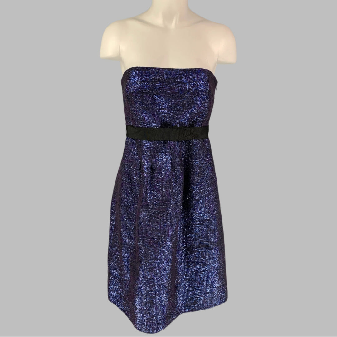 LELA ROSE Size 6 Blue Black Acrylic Blend Woven Strapless Cocktail Dress