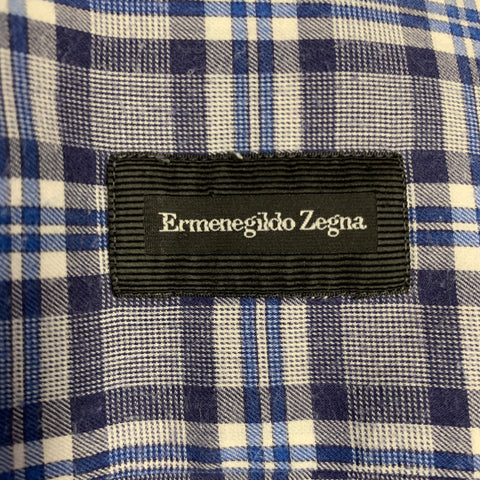 ERMENEGILDO ZEGNA Size M Grey Blue Plaid One Pocket Long Sleeve Shirt
