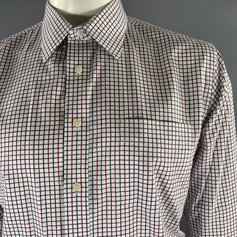 LORDS TAYLOR Size L White Navy Red Check French Cuff Long Sleeve Shirt
