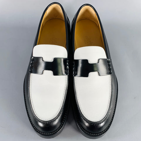 HERMES Size 7 Kennedy Black White Leather Color Block Penny Loafers Flats