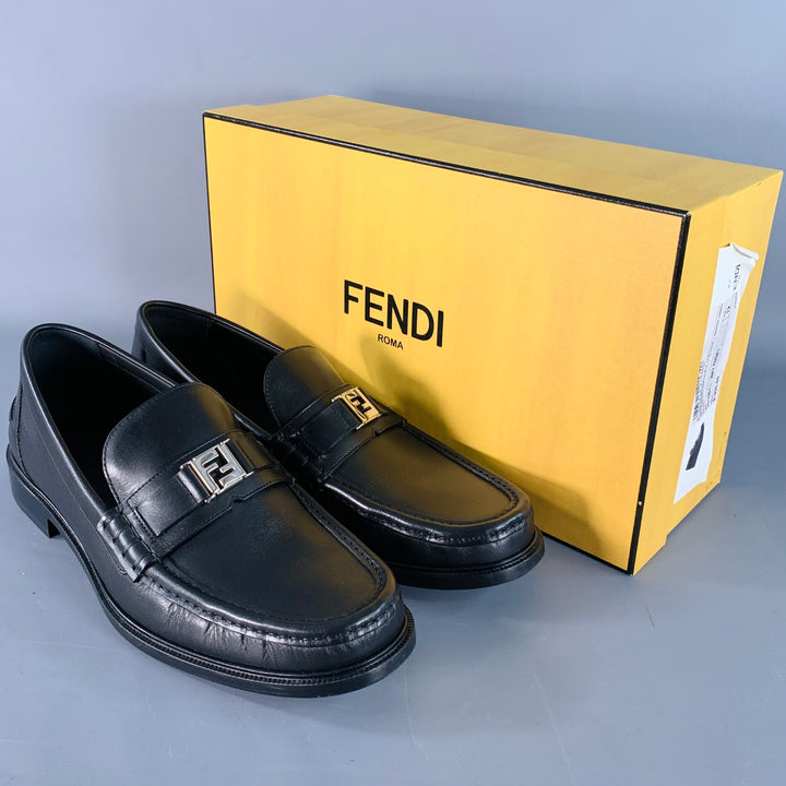 FENDI Size 13 Black Silver Calfskin Leather Monogram Buckle Slip On Loafers
