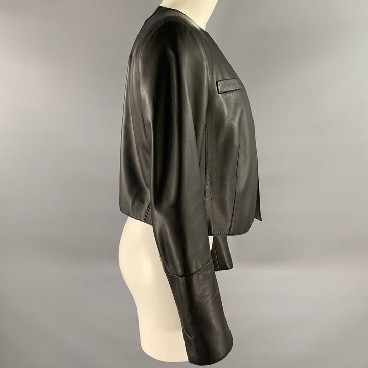 AKRIS Size 12 Black Leather Cropped Jacket