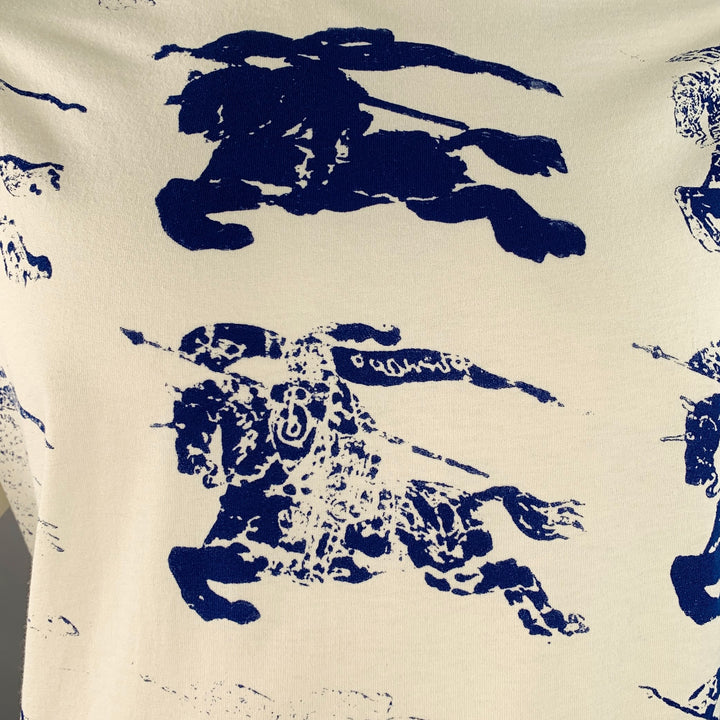 BURBERRY Size L White Blue Logo Print Cotton Blend Short Sleeve T-shirt