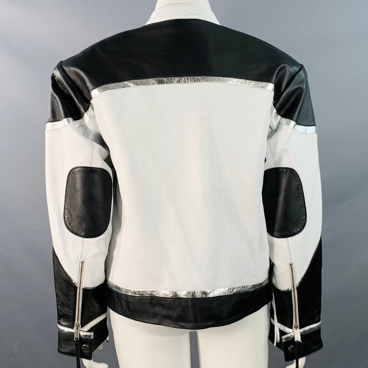 RETROFETE Size L Black White Silver Leather Padded Shoulders Zip Up Jacket