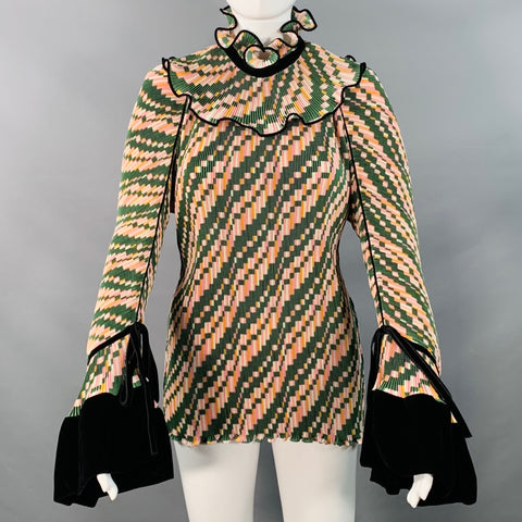 TORY BURCH Size 2 Green Pink Yellow Polyester Geometric Pleated Blouse