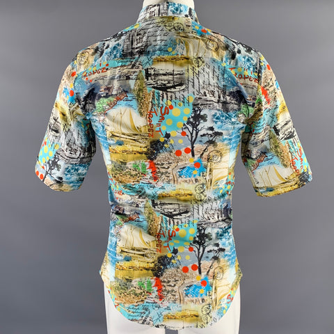 NIELL KATTER Size S Blue Tan Postcard Graphic Cotton Blend Short Sleeve Shirt