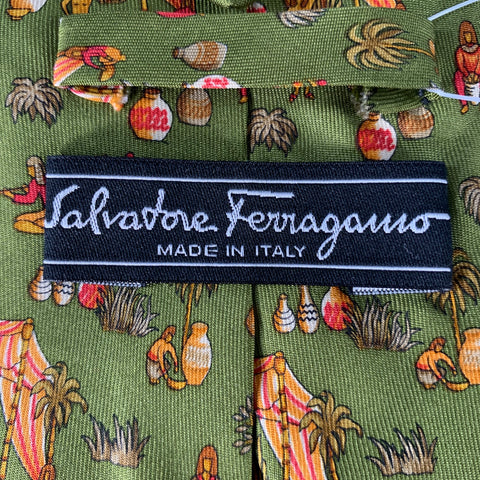 SALVATORE FERRAGAMO Green Red Figures Silk Tie