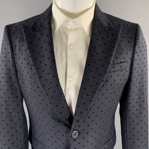 EMPORIO ARMANI Size 40 Navy Polka Dot Wool Blend Peak Lapel Sport Coat