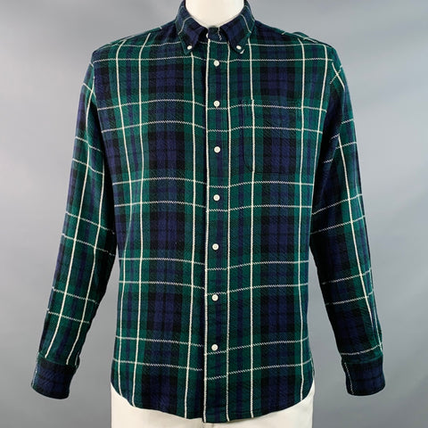GITMAN VINTAGE Size XL Green Blue Plaid Cotton Twill Button Down Collar Long Sleeve Shirt