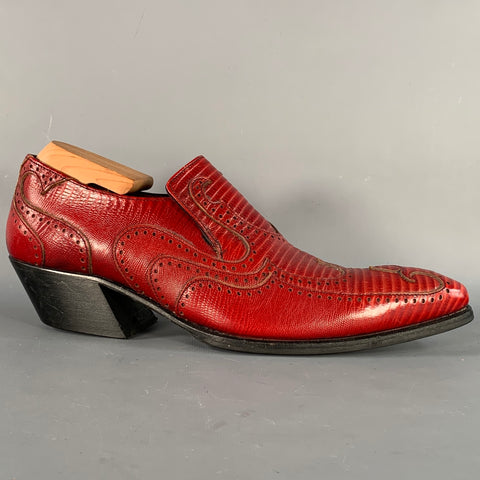 JOHN FLUEVOG Size 9 Red Lizard Embossed Leather Wingtip Chunky Heeled Loafers