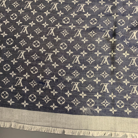 LOUIS VUITTON Blue Grey Monogram Silk Wool Square Fringe Scarf Shawl