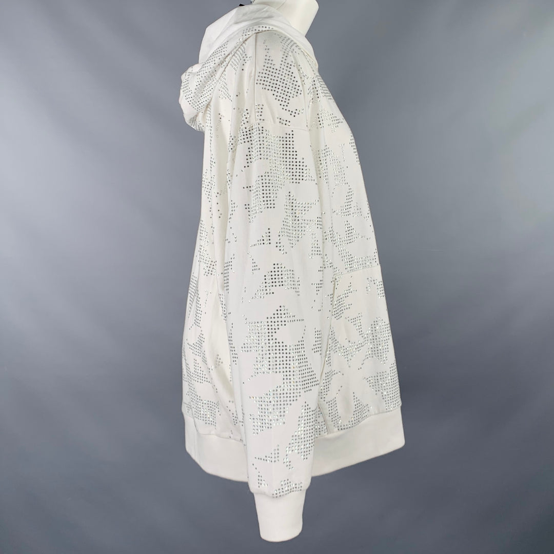 DAVID KOMA Size S White Silver Cotton Floral Rhinestone Hooded Sweater