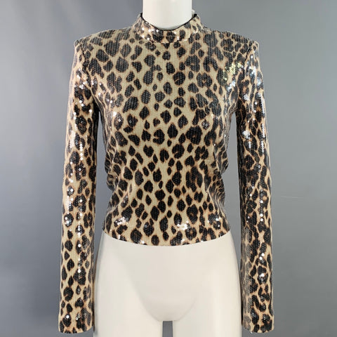 A.L.C. Size XS Beige Brown Polyester Blend Sequined Leopard Mock Neck Dress Top