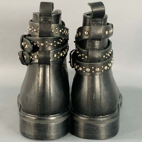 MAJE Size 7 Black Studded Leather Wrap Around Lace-Up Ankle Boots
