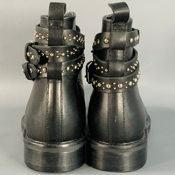 MAJE Size 7 Black Studded Leather Wrap Around Lace-Up Ankle Boots