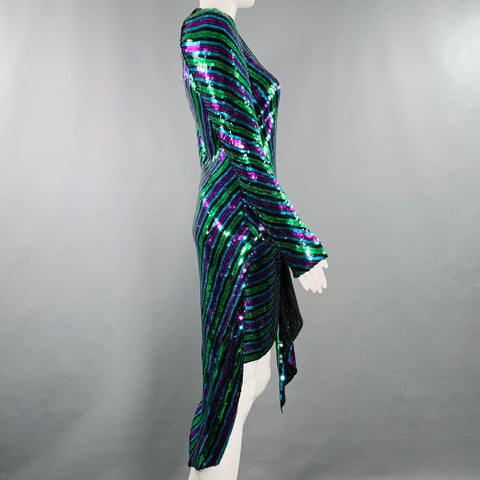 MARC JACOBS Pre-Fall 2019 Size 2 The Disco Black Multi Color Stripe Asymmetrical Cocktail Dress