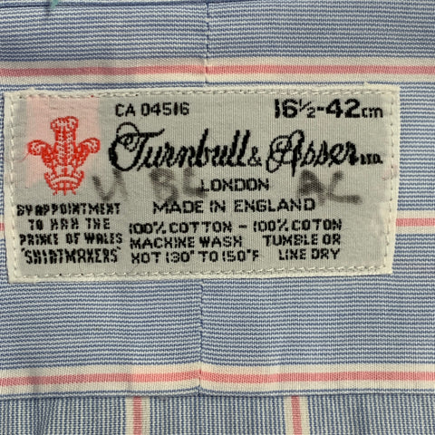 TURNBULL & ASSER Taille L Chemise à manches longues en coton rayé bleu rose et poignets mousquetaires