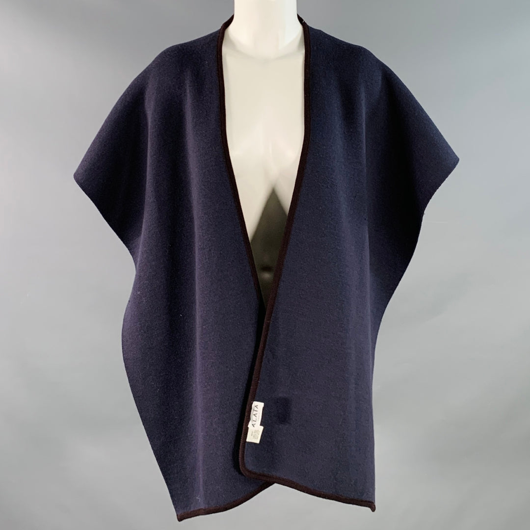 ALAIA Navy Brown Reversible Wool Knit Snap Capelet Scarf Shawl