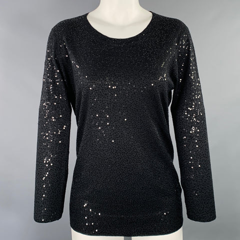 DKNY Size S Black Silk Cashmere Sequined Crew Neck Pullover