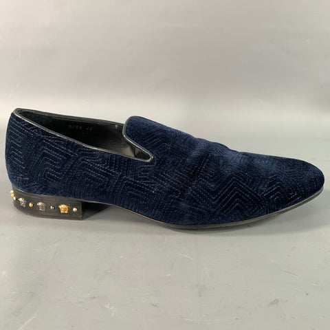 VERSACE Size 11 Navy Black Greca Velvet Loafer Loafers