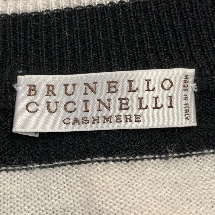 BRUNELLO CUCINELLI Size L Black White Cashmere Stripe Monili Beaded Sequined Cardigan