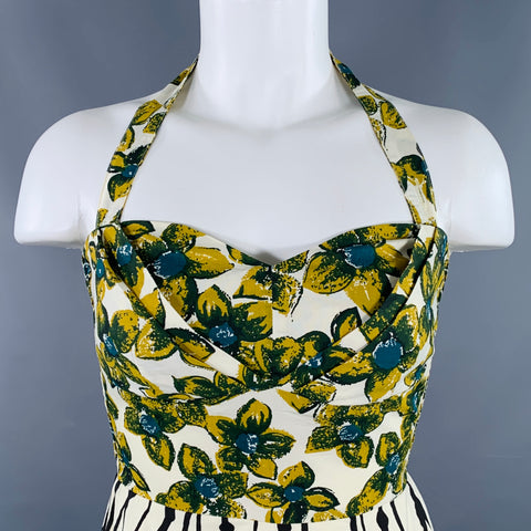 GIRLS FROM SAVOY Size 0 Cream Yellow Cotton Floral Halter Knee Length Dress